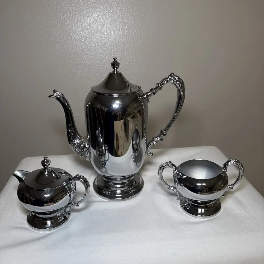 Vintage Dorothy Thorpe Originals Chrome Coffee Set MCM Hollywood Regency 3pc - Picture 3 of 15
